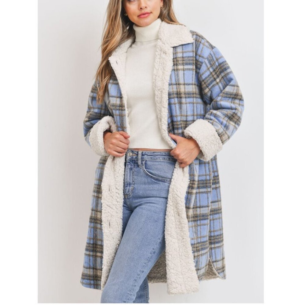 Boho Western Plaid Flannel Faux Fur Sherpa Lined Long Shacket Jacket Coat - Picture 4 of 7